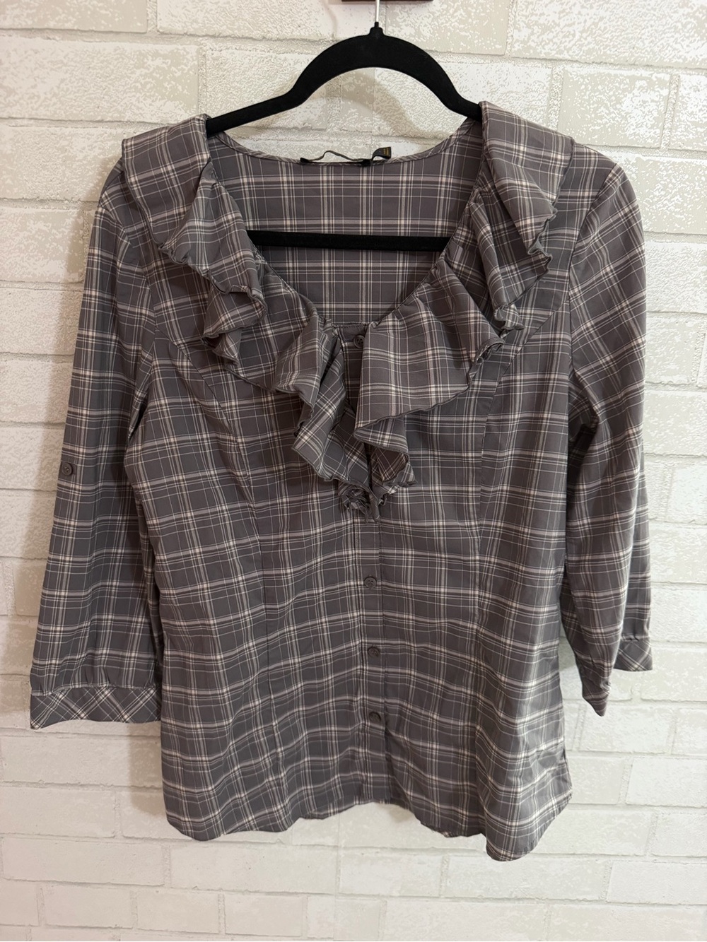 Outback Red Gray Plaid Ruffle-Neck Blouse Large #3132